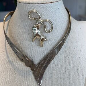 Elegant Silver Aries Zodiac Brooch and Necklace